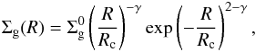 \begin{eqnarray} \Sigma_{\text{g}}(R) = \Sigma_{\text{g}}^{0}\left(\frac{R}{R_{\text{c}}}\right)^{-\gamma} \text{exp}\left(-\frac{R}{R_{\text{c}}}\right)^{2-\gamma}, \label{e1} \end{eqnarray}