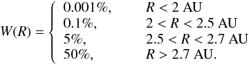 \begin{eqnarray*} W(R) = \left\{ \begin{array}{ll} 0.001 \%, \hspace{0.5cm} & R < 2~\text{AU} \\ 0.1 \%, \, & 2 < R < 2.5~\text{AU} \\ 5 \%, \, & 2.5 < R < 2.7~\text{AU} \\ 50 \%, \, & R > 2.7~\text{AU}. \end{array} \right. \end{eqnarray*}