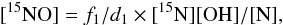 \begin{eqnarray*} {[\ensuremath{\rm ^{15}NO}]} = f_1/d_1 \times [\ensuremath{\rm ^{15}N}][\ensuremath{\rm OH}] / [\ensuremath{\rm N}], \end{eqnarray*}