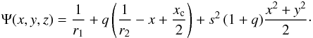 \appendix \setcounter{section}{2} \begin{eqnarray} \label{Eq2} \Psi(x,y,z) = \frac{\d 1}{\d r_1}+q\left(\frac{\d 1}{\d r_2}-x+\frac{\d x_{\rm c}}{\d 2}\right)+s^2\,(1+q)\frac{\d x^2+y^2}{\d 2}\cdot \end{eqnarray}