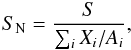 \begin{eqnarray} \label{normalised_entropy} S_{\rm N} = \frac{S}{\sum_{i}X_{i}/A_{i}} , \end{eqnarray}