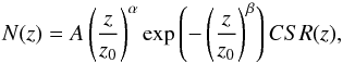 \begin{equation} N(z)=A \left(\frac{z}{z_0}\right)^\alpha \exp\left(-\left(\frac{z}{z_0}\right)^\beta\right){CSR}(z), \label{eq:nz} \end{equation}