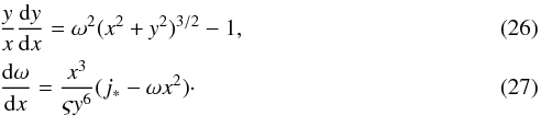 \begin{eqnarray} \label{eq:disc1} &&\frac{y}{x}\frac{\mathrm{d}y}{\mathrm{d}x} = \omega^{2}(x^{2}+y^{2})^{3/2} - 1 , \\\label{eq:disc2}&& \frac{\mathrm{d}\omega}{\mathrm{d}x} = \frac{x^{3}}{ \varsigma y^{6}}(j_{*}-\omega x^{2}) \cdot \end{eqnarray}