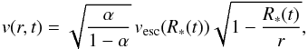 \begin{equation} v(r,t) = \sqrt{\frac{\alpha}{1-\alpha}}\,v_{\mathrm{esc}}(R_{*}(t)) \sqrt{1-\frac{R_{*}(t)}{r}} , \end{equation}