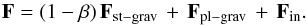 \begin{equation} \label{eq:pfd} \vec{F}=(1-\beta)\,\vec{F}_{\mathrm{st-grav}}\,+\,\vec{F}_{\mathrm{pl-grav}}\,+\,\vec{F}_{\mathrm{in}}. \end{equation}