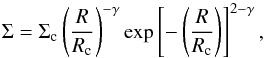 \begin{equation} \Sigma = \Sigma_{\rm c}\left(\frac{R}{R_{\rm c}}\right)^{-\gamma} \exp \left[-\left(\frac{R}{R_{\rm c}}\right)\right]^{2-\gamma}, \end{equation}