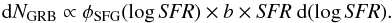 \begin{equation} {\rm d}N_{\rm GRB} \propto \phi_{\rm SFG}(\log \textit{SFR}) \times b \times \textit{SFR} \ {\rm d}(\log \textit{SFR}). \end{equation}