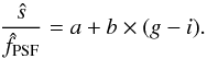 \begin{equation} \frac{\hat{s}}{\hat{f}_{\rm PSF}} = a + b \times (g - i) . \label{eq:sky_approx} \end{equation}