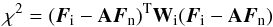\begin{equation} \chi^2 = (\boldsymbol{F}_{\rm i} -{\bf A}\boldsymbol{F}_{\rm n})^{\rm T} {\bf W}_{\rm i}(\boldsymbol{F}_{\rm i} -{\bf A}\boldsymbol{F}_{\rm n}) \label{eq:chi2_night} \end{equation}