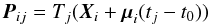 \begin{equation} {\boldsymbol P_{ij}} = T_j({\boldsymbol X_i} + {\boldsymbol \mu_i}(t_j-t_0)) \label{eq:astrom_model} \end{equation}