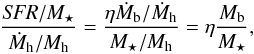 \begin{eqnarray} \frac{\textit{SFR}/M_\star}{\dot{M}_{\rm h}/M_{\rm h}} = \frac{\eta \dot{M}_{\rm b} / \dot{M}_{\rm h}}{M_\star / M_{\rm h}} = \eta \frac{M_{\rm b}}{M_\star}, \end{eqnarray}