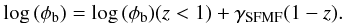 \begin{eqnarray} \log\,(\phi_{\rm b}) = \log\,(\phi_{\rm b})(z<1) + \gamma_{\rm SFMF} (1-z). \end{eqnarray}