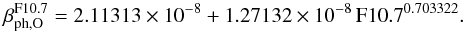 \appendix \setcounter{section}{1} \begin{equation} \beta_{\mathrm{ph,O}}^{\mathrm{F10.7}} = 2.11313 \times 10^{-8} + 1.27132 \times 10^{-8} \, \mathrm{F10.7}^{0.703322}. \label{eq:betaOxF107} \end{equation}