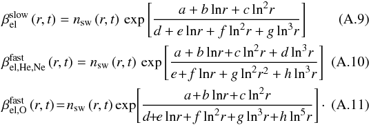 \appendix \setcounter{section}{1} \begin{eqnarray} \label{eq:betaElSlow}&&\beta_{\mathrm{el}}^{\mathrm{slow}}\left( r, t \right) = n_{\mathrm{sw}}\left( r, t\right) \, \mathrm{exp} \left[ \frac{a+b\, \mathrm{ln}{r}+c\,\mathrm{ln}^2{r}}{d+e\,\mathrm{ln}{r}+f\,\mathrm{ln}^2{r}+g\,\mathrm{ln}^3{r}} \right] \quad\quad\quad\\ \label{eq:betaElFastHeNe}&&\beta_{\mathrm{el,He,Ne}}^{\mathrm{fast}} \left( r, t \right) = n_{\mathrm{sw}}\left( r, t\right) \, \mathrm{exp} \left[ \frac{a+b\, \mathrm{ln}{r}\!+\!c\,\mathrm{ln}^2{r}+d\,\mathrm{ln}^3{r}}{e\!+\!f\,\mathrm{ln}{r}+g\,\mathrm{ln}^2{r}^2+h\,\mathrm{ln}^3{r}} \right] \quad\quad\quad\\ \label{eq:betaElFastO}&&\beta_{\mathrm{el,O}}^{\mathrm{fast}} \left( r, t \right) \!=\! n_{\mathrm{sw}}\left( r, t\right) \mathrm{exp}\! \left[ \frac{a\!+\!b\,\mathrm{ln}{r}\!+\!c\,\mathrm{ln}^2{r}}{d\!\!+\!\!e\,\mathrm{ln}{r}\!+\!f\,\mathrm{ln}^2{r}\!+\!g\,\mathrm{ln}^3{r}\!+\!h\,\mathrm{ln}^5{r}} \right]\cdot \quad\quad\quad \end{eqnarray}