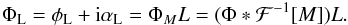 \begin{eqnarray} \label{eq:psi_Lyot} \Phi_{\rm L} = \phi_{\rm L} + {\rm i}\alpha_{\rm L} = \Phi_M L = (\Phi*\mathcal{F}^{-1}[M]) L. \end{eqnarray}