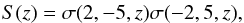 \begin{eqnarray} S(z)=\sigma(2,-5,z)\sigma(-2,5,z), \label{eq:ssigmas} \end{eqnarray}