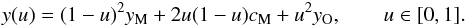 \begin{eqnarray} y(u)=(1-u)^2y_{\rm M} + 2u(1-u)c_{\rm M} + u^2y_{\rm O},\qquad u\in[0,1]. \label{eq:beziers} \end{eqnarray}