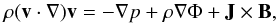 \begin{equation} \rho ({\vec v} \cdot \nabla ) {\vec v} = -\nabla p + \rho \nabla \Phi + {\vec J} \times {\vec B}, \label{equileq} \end{equation}
