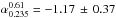\hbox{$\alpha^{0.61}_{0.235} = -1.17\,\pm\,0.37$}