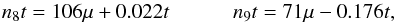 \begin{equation} n_8t=106\mu+0.022t\\ n_9t=71\mu-0.176t, \end{equation}