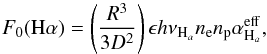 \appendix \setcounter{section}{2} \begin{equation} \label{flux H alpha} F_{0}(\mathrm{H\alpha})=\left(\frac{R^{3}}{3 D^{2}}\right)\epsilon h \nu_{\mathrm{H}_{a}}n_{ \mathrm{e}}n_{\mathrm{p}} \alpha^{\mathrm{eff}}_{\mathrm{H}_{a}}, \end{equation}