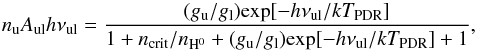 \appendix \setcounter{section}{3} \begin{equation} n_{\mathrm{u}}A_{\mathrm{ul}}h\nu_{\mathrm{ul}}=\frac{(g_{\mathrm{u}} /g_{\mathrm{l}})\mathrm{exp}[-h\nu_{\rm ul}/kT_{\rm PDR}]} {1+n_{\mathrm{crit}}/n_\mathrm{H^0}+(g_{\mathrm{u}} /g_{\mathrm{l}})\mathrm{exp}[-h\nu_{\rm ul}/kT_{\rm PDR}]+1}, \end{equation}