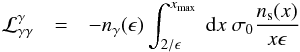 \begin{eqnarray} \cal{L}^{\gamma}_{\gamma \gamma} & = & -\nga(\epsilon)\int_{2/\epsilon}^{\xmx} \ \textrm{d} x \ \sigma_0 \frac{\ns(x)}{x\epsilon} \label{Lgg} \end{eqnarray}