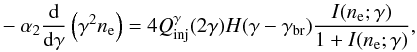 \begin{eqnarray} -\alpha_2\frac{\rm d}{{\rm d} \gamma}\left( \gamma^2 \nel\right) = 4{Q}^{\gamma}_{\rm inj}(2\gamma)H(\gamma-\gcr) \frac{I(\nel;\gamma)}{1+I(\nel;\gamma)}, \label{integrodiff} \end{eqnarray}