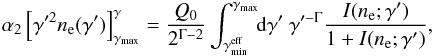 \begin{eqnarray} \alpha_2\left[\gamma'^2\nel(\gamma')\right]_{\gmx}^{\gamma}=\frac{Q_0}{2^{\Gamma-2}}\int_{\gamma_{\rm min}^{\rm eff}}^{\gmx} \!\! \textrm{d}\gamma' \ \gamma'^{-\Gamma}\frac{I(\nel;\gamma')} {1+I(\nel;\gamma')}, \label{integral} \end{eqnarray}