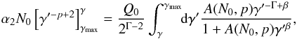 \begin{eqnarray} \alpha_2 N_0\left[\gamma'^{-p+2}\right]_{\gmx}^{\gamma} = \frac{Q_0}{2^{\Gamma-2}}\int_{\gamma}^{\gmx}\!\!\textrm{d}\gamma' \frac{A(N_0,p) \gamma'^{-\Gamma+\beta}}{1+A(N_0,p)\gamma'^{\beta}}, \label{equation1} \end{eqnarray}