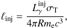 \begin{eqnarray} \label{lgg} \linj={{L_\gamma^{\rm inj}\sth}\over {4\pi R\me c^3}}, \end{eqnarray}