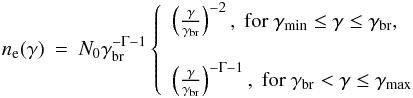 \begin{eqnarray} \nel(\gamma)\!\!\! &=&\!\! \!N_0\gcr^{-\Gamma-1}\left \{ \begin{array}{ll} \left(\frac{\gamma}{\gcr}\right)^{-2}, \ \textrm{for} \ \gmn \le \gamma\le \gcr, \\ \phantom{} \\ \left(\frac{\gamma}{\gcr}\right)^{-\Gamma-1}, \ \textrm{for} \ \gcr<\gamma\le \gmx \end{array} \right. \label{elec-sol} \end{eqnarray}
