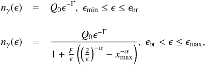 \begin{eqnarray} \nga(\epsilon)&=&Q_0 \epsilon^{-\Gamma}, \ \emn \le \epsilon\le \ecr \nonumber\\ \label{gamma-sol} \phantom{} \\ \nonumber \nga(\epsilon)&=&\frac{Q_0 \epsilon^{-\Gamma}}{1+\frac{F}{\epsilon}\left(\left(\frac{2}{\epsilon}\right) ^{-\alpha}-\xmx^{-\alpha}\right)}, \ \ecr<\epsilon\le \emx, \end{eqnarray}
