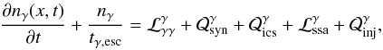 \begin{eqnarray} {{\partial\nga(x,t)}\over{\partial t}}+ {{\nga}\over{\tgesc}}= \cal{L}_{\gamma\gamma}^\gamma +\cal{Q}_{\rm syn}^\gamma +\cal{Q}_{\rm ics}^\gamma +\cal{L}_{\rm ssa}^\gamma +\cal{Q}_{\rm inj}^\gamma, \end{eqnarray}
