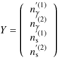 \begin{eqnarray} Y = \left( \begin{tabular}{c} $\nga^{'(1)}$ \\ $\nga^{'(2)}$ \\ $\ns^{'(1)}$ \\ $\ns^{'(2)}$ \end{tabular} \right) \end{eqnarray}