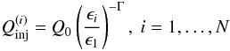 \begin{eqnarray} \textit{Q}_{\rm inj}^{(i)} = \textit{Q}_0 \left(\frac{\epsilon_i}{\epsilon_1}\right)^{-\Gamma}, \ i=1,\dots, N \end{eqnarray}