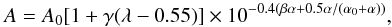 \begin{equation} \label{AlbedoA} A=A_0 [1+\gamma(\lambda-0.55)] \times 10^{-0.4(\beta\alpha+0.5 \alpha/(\alpha_0+\alpha))}, \end{equation}