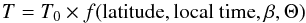 \begin{equation} T = {T_{0}} \times f({\rm latitude}, {\rm local~time}, \beta, \Theta) \end{equation}