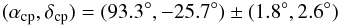 \begin{eqnarray*} (\alpha_{\rm cp},\delta_{\rm cp})=(93.3^{\circ},-25.7^{\circ})\pm(1.8^{\circ},2.6^{\circ}) \end{eqnarray*}