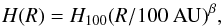 \begin{equation} H(R)=H_{100} (R/100~{\rm AU})^{\beta}, \end{equation}