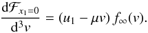 \appendix \setcounter{section}{1} \begin{equation} \frac{\mathrm{d}\mathcal{F}_{x_1=0}}{\mathrm{d}^{3}v}=(u_1-\mu v)\, f_{\infty}(v).\label{eq:fluxatsmallvelocities} \end{equation}