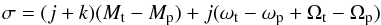 \begin{eqnarray*} \sigma = (j+k)(M_{\rm t} - M_{\rm p}) + j(\omega_{\rm t} - \omega_{\rm p} + \Omega_{\rm t} - \Omega_{\rm p}) \end{eqnarray*}