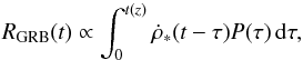 \begin{equation} R_{\mathrm{GRB}}(t)\propto\int_{0}^{t(z)}\dot{\rho}_{*}(t-\tau)P(\tau)\,\mathrm{d}\tau, \end{equation}