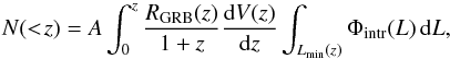 \begin{equation} N(<\!z)=A\int_{0}^{z}\frac{R_{\mathrm{GRB}}(z)}{1+z}\frac{\mathrm{d}V(z)}{\mathrm{d}z}\int_{L_{\mathrm{min}}(z)}\Phi_{\mathrm{intr}}(L)\,\mathrm{d}L, \end{equation}