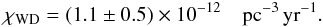 \begin{eqnarray*} \chi_{\rm WD} = (1.1\pm0.5) \times 10^{-12} \rm\quad pc^{-3}\,yr^{-1}. \end{eqnarray*}