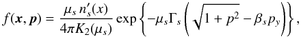 \appendix \setcounter{section}{3} \begin{equation} \label{equ:Jutt_Harris} f(\vec{x},\vec{p}) = \frac{\mu_s\,n'_s(x)}{4\pi K_2(\mu_s)} \exp\left\{ -\mu_s\Gamma_s\left(\sqrt{1+p^2} - \beta_s p_y\right) \right\}, \end{equation}