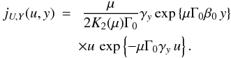 \appendix \setcounter{section}{4} \begin{eqnarray} j_{U,Y}(u,y) &=&~ \frac{\mu}{2 K_2(\mu) \Gamma_0} \gamma_y \exp\left\{\mu\Gamma_0\beta_0\,y\right\}\notag \\ &&\times u \, \exp\left\{ -\mu\Gamma_0\gamma_y\,u \right\}. \end{eqnarray}