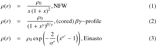 \begin{eqnarray} \rho(r) &= &\frac{\rho_0}{ x \left(1+x \right)^2}, \text{NFW}\\ \rho(r) &= &\frac{\rho_0}{\left(1+ x^\gamma \right)^{\beta/\gamma}}, \text{(cored) }\beta\gamma{\rm-profile} \\ \rho(r) &=& \rho_0 \exp \left( -\frac{2}{\alpha'} \left( x^{\alpha'} -1 \right) \right), \text{Einasto} \end{eqnarray}