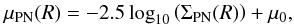 \begin{eqnarray} \mu_{\mathrm{PN}}(R)=-2.5\log_{10}\left(\Sigma_{\mathrm{PN}}(R)\right)+\mu_0, \label{rho} \end{eqnarray}