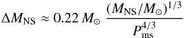 \begin{eqnarray} \Delta M_{\rm NS} \approx 0.22\,M_{\odot}\; \frac{(M_{\rm NS}/M_{\odot})^{1/3}}{P_{\rm ms}^{4/3}} \end{eqnarray}